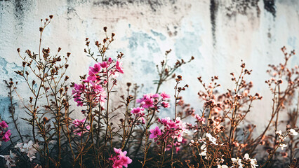 Close up of many colorful spring wildflowers in front of an aged old rustic white wall.