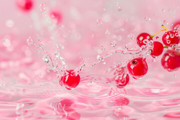 Red currant berries falling into water with splashes, pink background