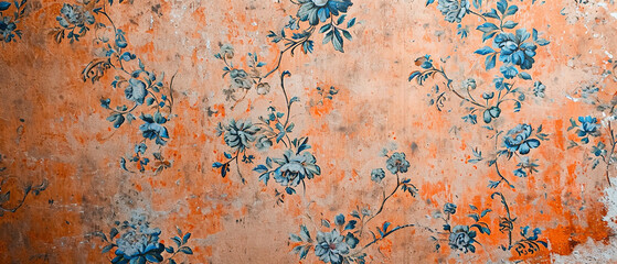 Old dirty grungy aged rustic worn wall with red, orange and blue floral pattern. Hibiscus flowers texture.
