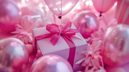 Collection of pink birthday party objects in a gift box : Generative AI - Powered by Adobe