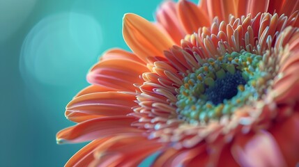 Gerbera flower close up on turquoise background Macro photography Card Gerbera Flower Natural romantic conceptual blue floral Macro background : Generative AI - obrazy, fototapety, plakaty