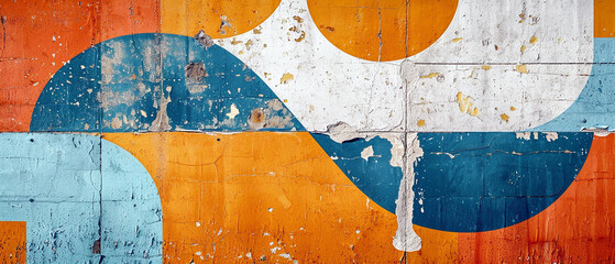 Old dirty grungy aged rustic worn painted wall with white, orange and blue abstract pattern.