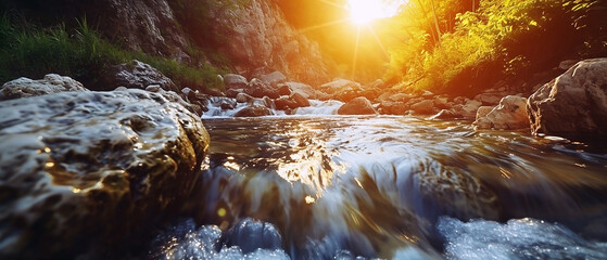 View of flowing water of a stream running in a mountain walley. Sun is shinning from above the rocky walls.