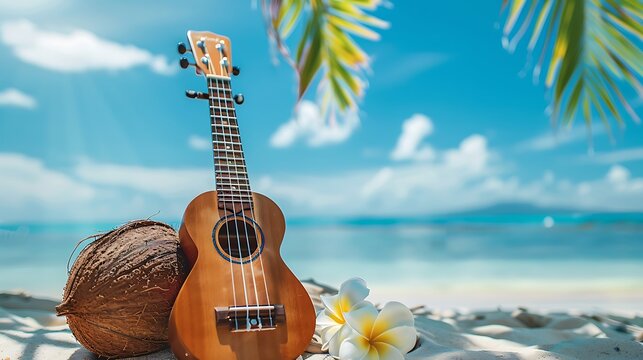 Summer Travel with Guitar ukulele with coconut juice for relax on the beautiful beach and blue sky background - Powered by Adobe
