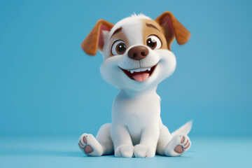 3d cartoon character happy cute puppy sitting and smiling. white fur on body and brown ears. light blue background