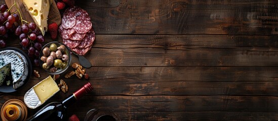A setup of wine, assorted cheeses, and cured meats on a wooden surface, including Brie, blue cheese, gorgonzola, fuete, and salami. Empty area for adding text. Seen from above.