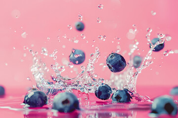 Blueberries falling on water surface, pastel pink background, copy space
