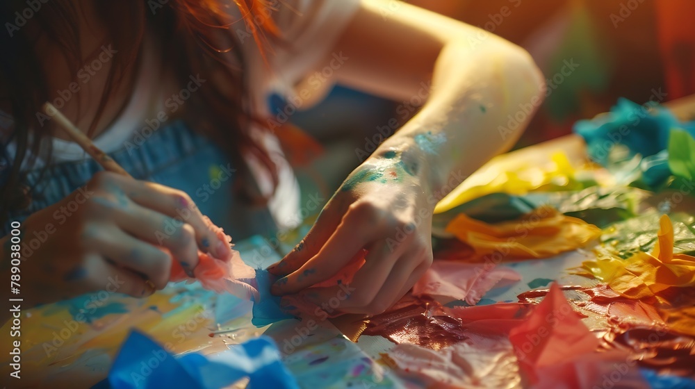 Poster woman working with scraps of colored tissue and palette close up : generative ai