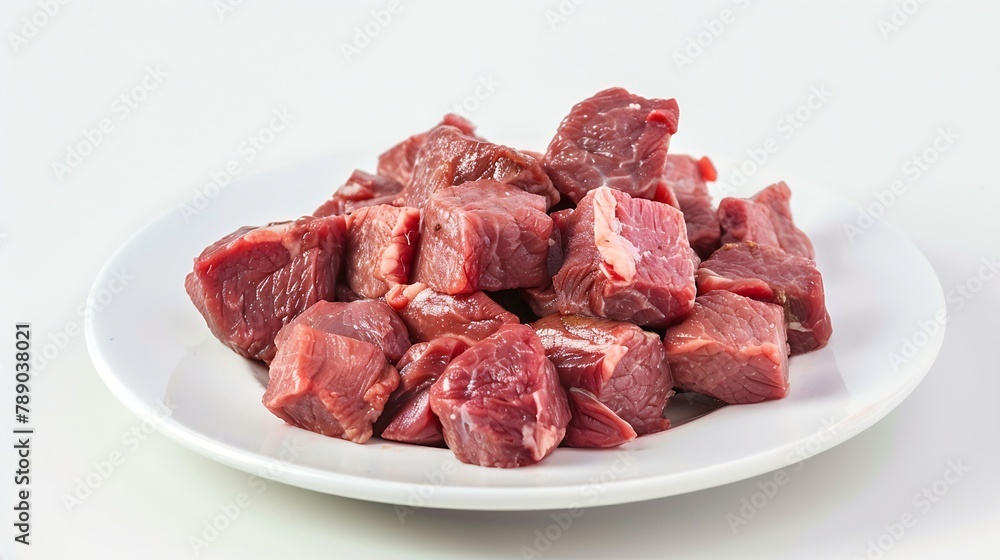 Poster the beef is cut into cubes and placed on a white plate isolated on white : generative ai