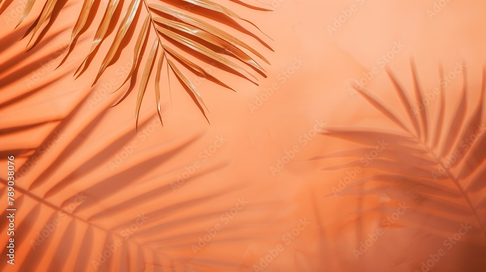 Aufkleber Orange and beige summer color background with tropical palm shadow Two trend pastel paper and exotic plant shade layout Minimal flat lay with leaf silhouette overlay : Generative AI