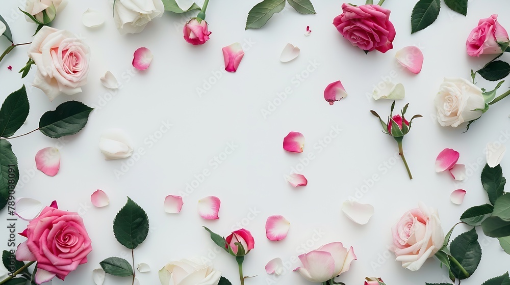 Poster flat lay frame with pink and white roses branches leaves and petals isolated on white background top