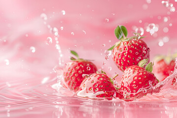 Fresh strawberries falling on water surface, pastel pink background, copy space