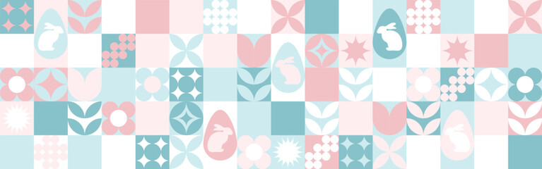 Seamless background for the spring holiday of Easter with a texture of circles and squares. Mosaic with geometric shapes, pastel background with eggs and hares. - 789038213