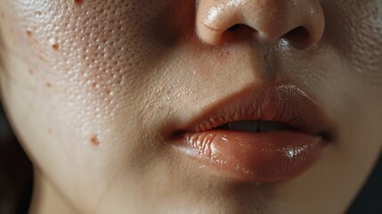 Fototapeta premium close up the flabbiness and wrinkle beside the mouth Flabby skin dark spots and rough skin blemish the mouth dry skin freckles and pore on the face of the woman health care and beauty : Generative AI