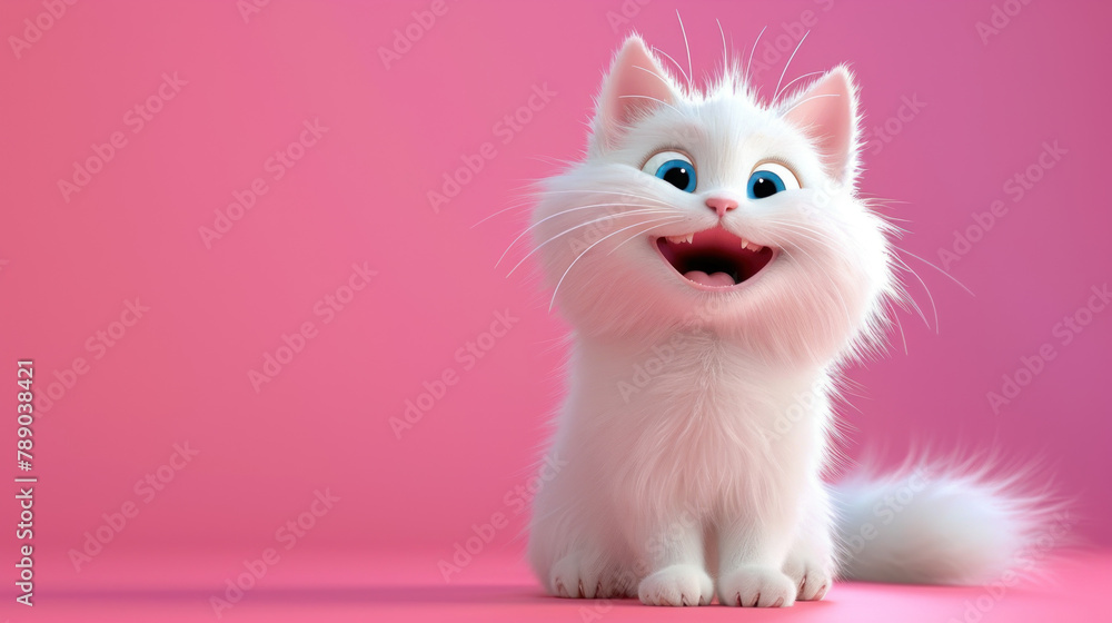 Wall mural 3d render of cartoon character happy white cat sitting on pink background. cute pet with big eyes an