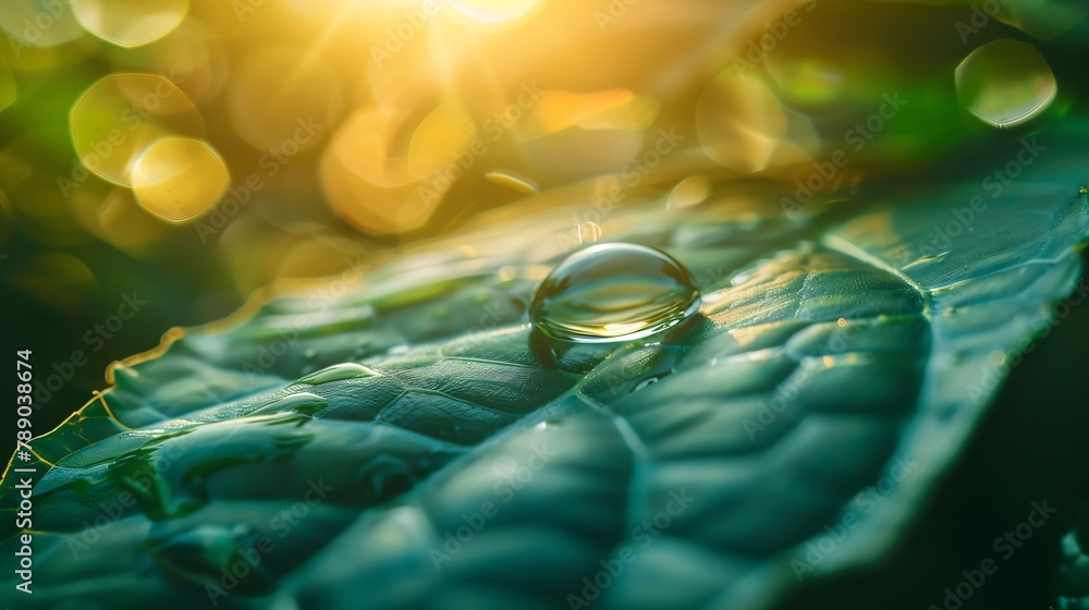 Poster beauty transparent drop of water on a green leaf macro with sun glare beautiful artistic image of en