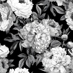 Vintage bouquet of peonies. Floristic decoration. Floral background. Black and white baroque old fashiones style image. Natural flowers pattern wallpaper or greeting card