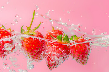 Fresh strawberries falling on water surface, pastel pink background
