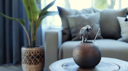 Close up view of yerba mate tea calabash with metal bombilla straw and elephant figurine on small table in modern living room sofa couch background with oriental details : Generative AI