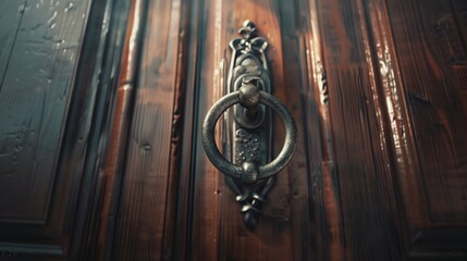 Close up of a metal door knocker on a wooden front door of a house : Generative AI