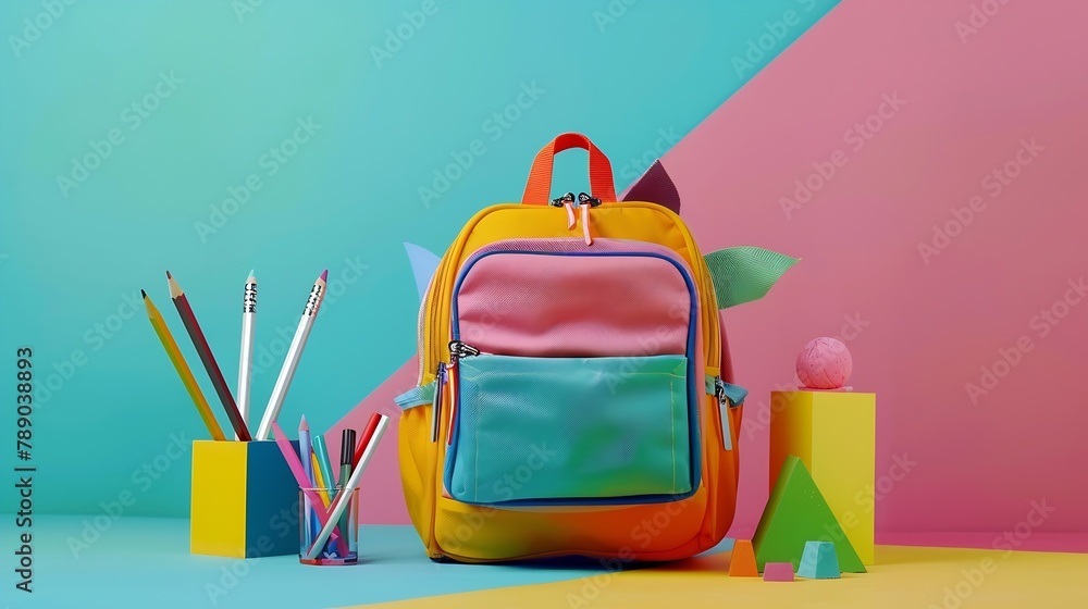 Poster stylish school backpack and pencil case with different stationery supplies on colorful background : 