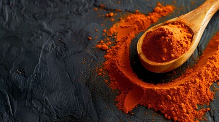 Vibrant paprika powder on wooden spoon with copy space banner for food and spice concepts 