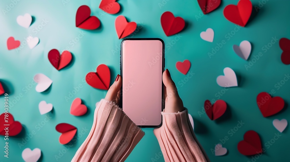Poster woman hand holding mobile phone with blank screen on colored background with hearts valentine day co