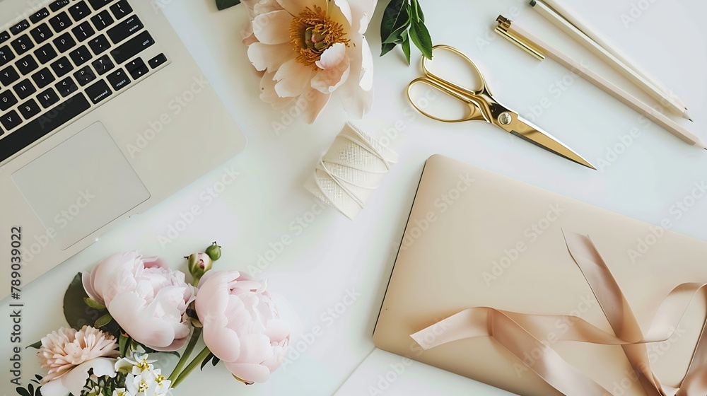 Poster workplace with laptop succulent peonies golden scissors spool with beige ribbon pencils and diary fl