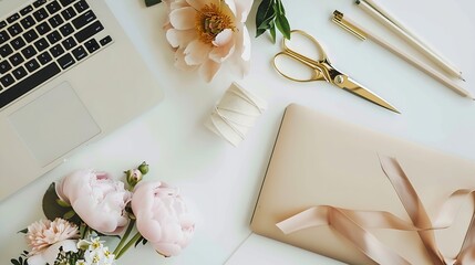 Workplace with laptop succulent peonies golden scissors spool with beige ribbon pencils and diary Flat lay composition for bloggers magazines social media and artists Top view : Generative AI
