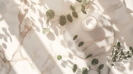 Beauty cosmetics product presentation flat lay mockup scene made with beige marble oval shape and eucalyptus branch Vertical studio photography : Generative AI