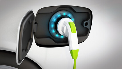 Electric car plugged to charging station. 3D illustration - 789039289