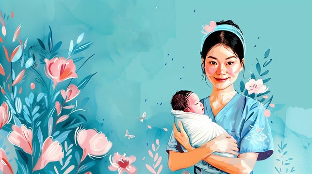 A blue festive background with a midwife woman holding a newborn baby in her arms. A flat-style illustration for Midwife's Day.