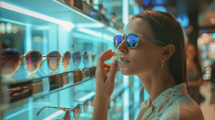 stylish woman choosing sunglasses in an optical store