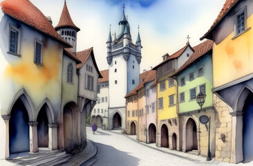 Fototapeta na wymiar watercolor postcard with an old medieval street