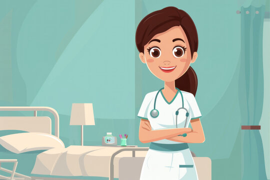 cute smiling nurse stands in the hospital room near bed. a nurse smiles while standing next to an empty bed and medical equipment