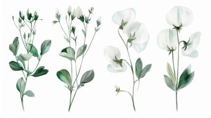 watercolor illustration of a sprig of white sweet pea flowers on a white background, summer botanical drawing for wedding invitations or cards, print