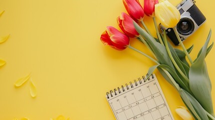 Fototapeta na wymiar Top view or flat lay of habit tracker book wooden calendar July digital camera and red yellow tulips flowers on yellow background with copy space : Generative AI