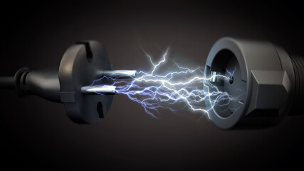 Lightnings between electric plug and power socket. Electrical energy concept. 3D illustration