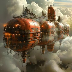 A floating cloud city powered by steampunk technology - obrazy, fototapety, plakaty