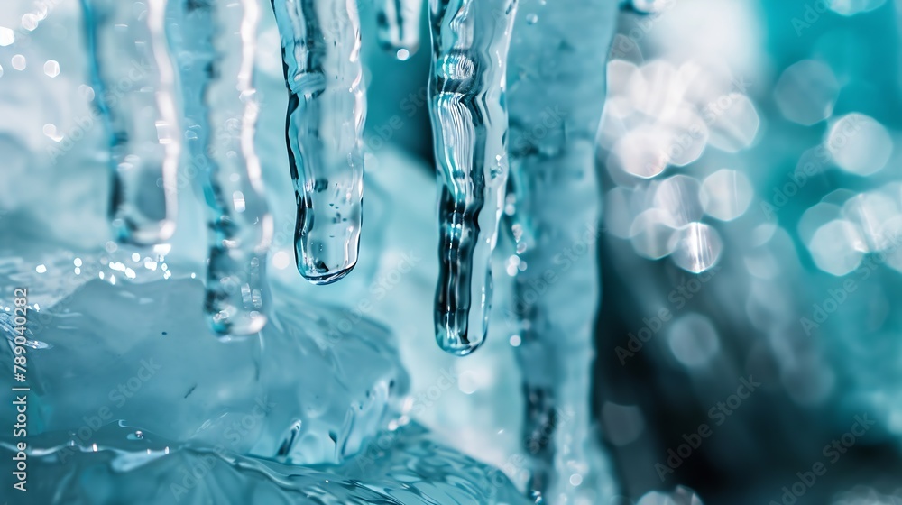 Poster icicles with clear water drops at a creek cascade waterfall on a very cold winters day in sauerland 
