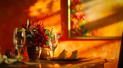 Closeup on elegant decorations on wooden dining table under art on orange wall : Generative AI