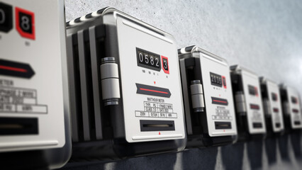 Rows of electricity meters on the wall. 3D illustration