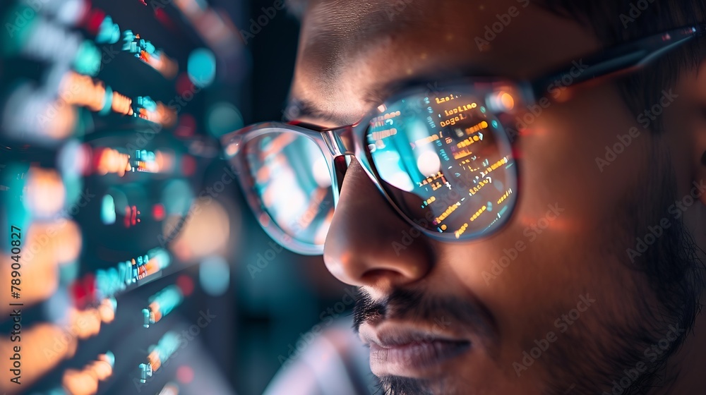 Poster Closeup Portrait of Software Engineer Working on Computer Line of Code Reflecting in Glasses Developer Working on Innovative eCommerce Application using Machine Learning AI Algorithm B : Generative AI