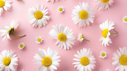 Obraz premium Top view of daisy flowers on pink background Minimal flat lay concept Copy space : Generative AI