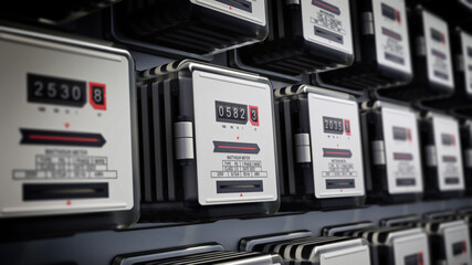Rows of electricity meters on the wall. 3D illustration - obrazy, fototapety, plakaty