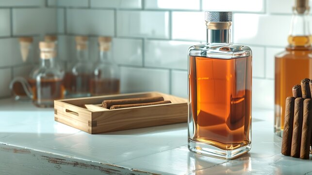 New hip flask bottle of whiskey ash tray and wooden box with cigars on white tile background : Generative AI