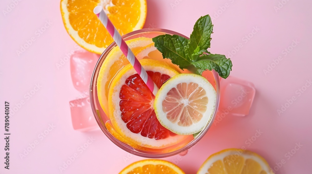 Poster glass of juice made of citrus slices with mint leaves and a straw on light pink background citrus ju