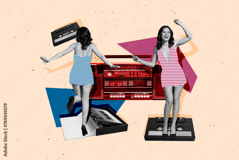 Wall mural creative abstract template collage of two beautiful girls dancing boombox listen music have fun fant