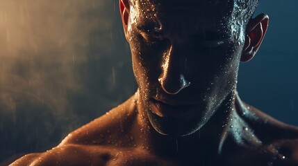 Portrait of a sweaty and muscular man breathing hard on the hard work just finished Concept of breathing workout gym and workout and fatigue : Generative AI