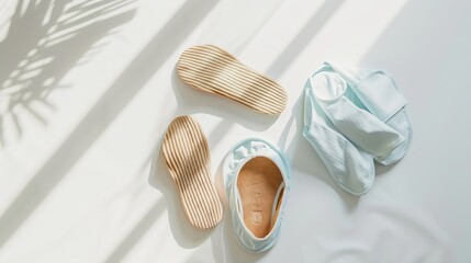 Flat lay composition with house slippers sleeping mask and pajamas on light background : Generative AI